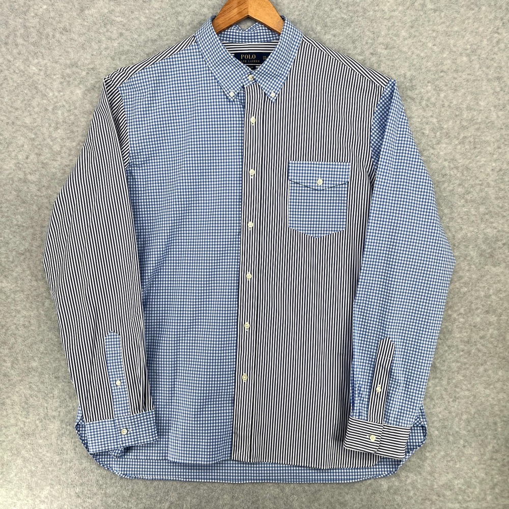 Polo Ralph Lauren Stretch Poplin Fun Shirt Mens 2XL 18 Patchwork Gingham Stripe
